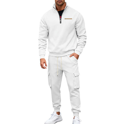 Men's Casual Trousers Sweater Set With Elastic Waist, White Sweatshirt & Hoodie Co-ord Set In Polyester