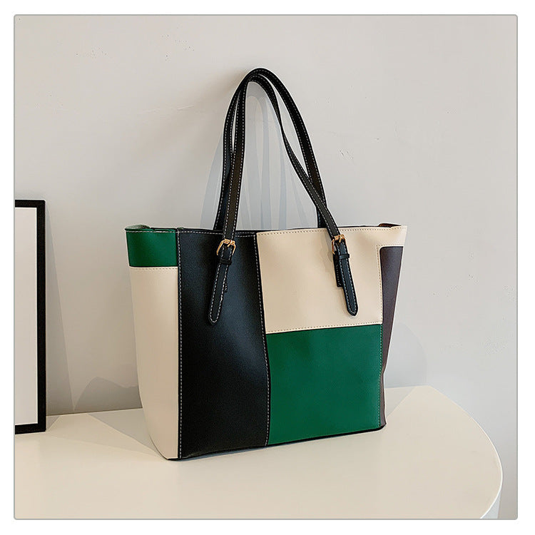 Square Splicing PU Leather Tote Bag For Women Featuring Sewing Thread Detail, Ideal For Autumn