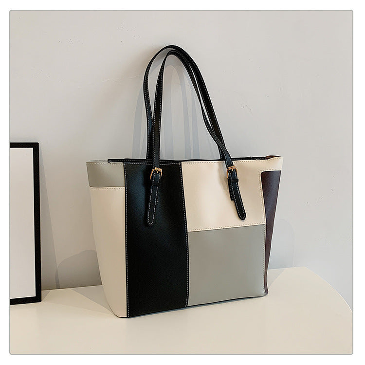 Square Splicing PU Leather Tote Bag For Women Featuring Sewing Thread Detail, Ideal For Autumn
