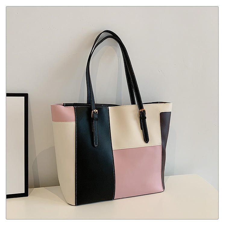 Square Splicing PU Leather Tote Bag For Women Featuring Sewing Thread Detail, Ideal For Autumn