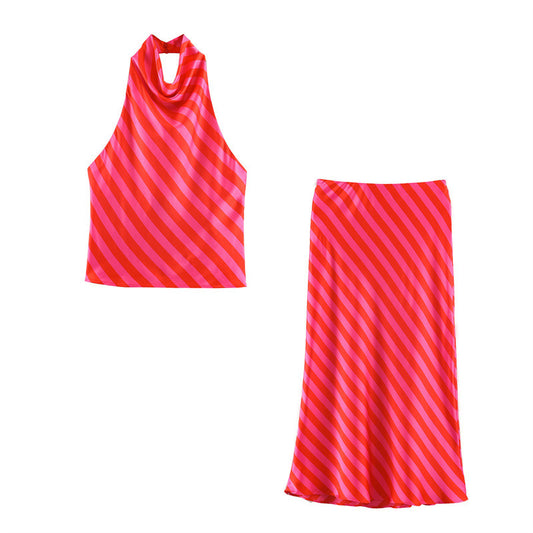 Sexy Sleeveless Polyester Skirt Co-ord Set With Halter Neck For Summer
