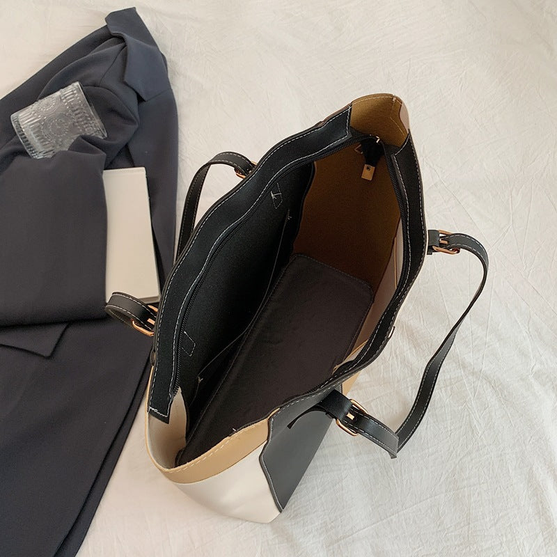 Square Splicing PU Leather Tote Bag For Women Featuring Sewing Thread Detail, Ideal For Autumn