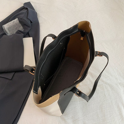 Square Splicing PU Leather Tote Bag For Women Featuring Sewing Thread Detail, Ideal For Autumn