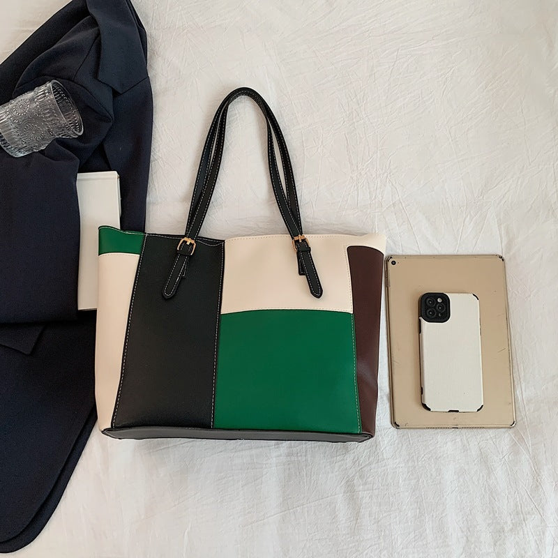 Square Splicing PU Leather Tote Bag For Women Featuring Sewing Thread Detail, Ideal For Autumn