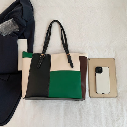 Square Splicing PU Leather Tote Bag For Women Featuring Sewing Thread Detail, Ideal For Autumn