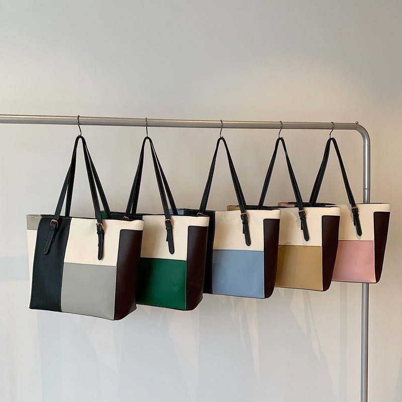 Square Splicing PU Leather Tote Bag For Women Featuring Sewing Thread Detail, Ideal For Autumn