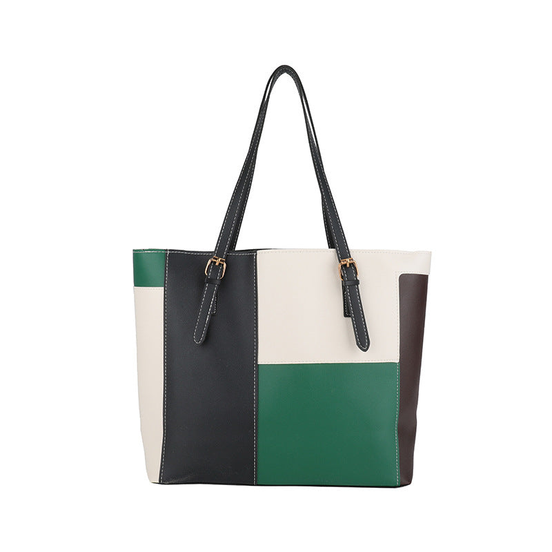 Square Splicing PU Leather Tote Bag For Women Featuring Sewing Thread Detail, Ideal For Autumn