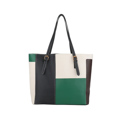 Square Splicing PU Leather Tote Bag For Women Featuring Sewing Thread Detail, Ideal For Autumn