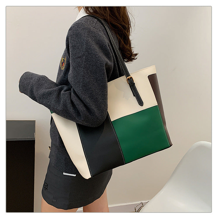 Square Splicing PU Leather Tote Bag For Women Featuring Sewing Thread Detail, Ideal For Autumn