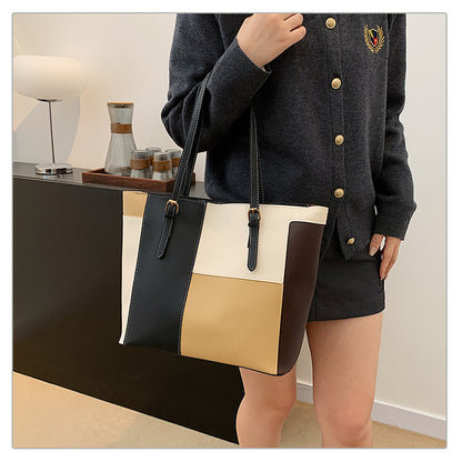Square Splicing PU Leather Tote Bag For Women Featuring Sewing Thread Detail, Ideal For Autumn