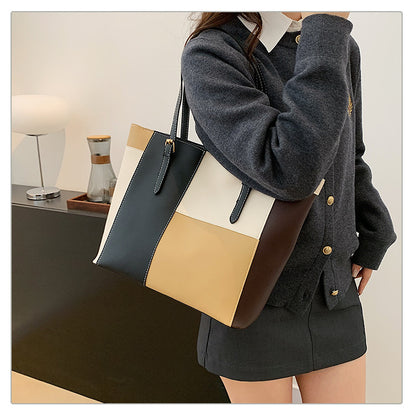 Square Splicing PU Leather Tote Bag For Women Featuring Sewing Thread Detail, Ideal For Autumn