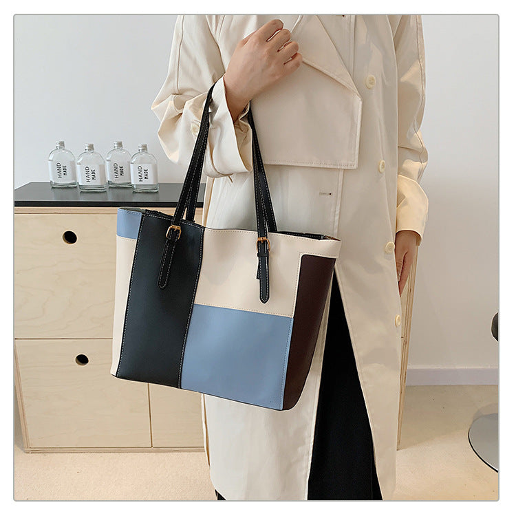 Square Splicing PU Leather Tote Bag For Women Featuring Sewing Thread Detail, Ideal For Autumn