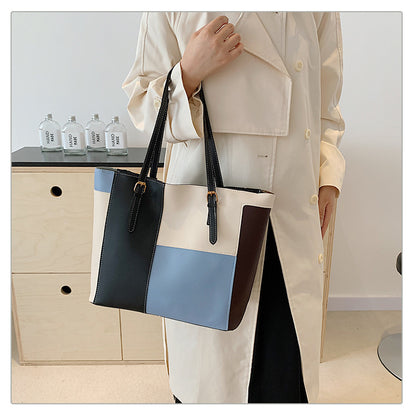 Square Splicing PU Leather Tote Bag For Women Featuring Sewing Thread Detail, Ideal For Autumn