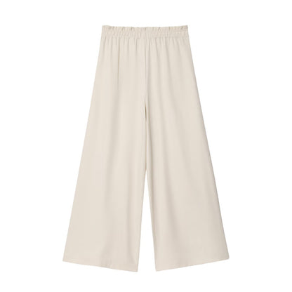 Casual Wide Leg Full Length Pants In Polyester Fabric With Puff Sleeve Detail, Inelastic For Autumn Wear