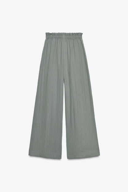 Casual Wide Leg Full Length Pants In Polyester Fabric With Puff Sleeve Detail, Inelastic For Autumn Wear