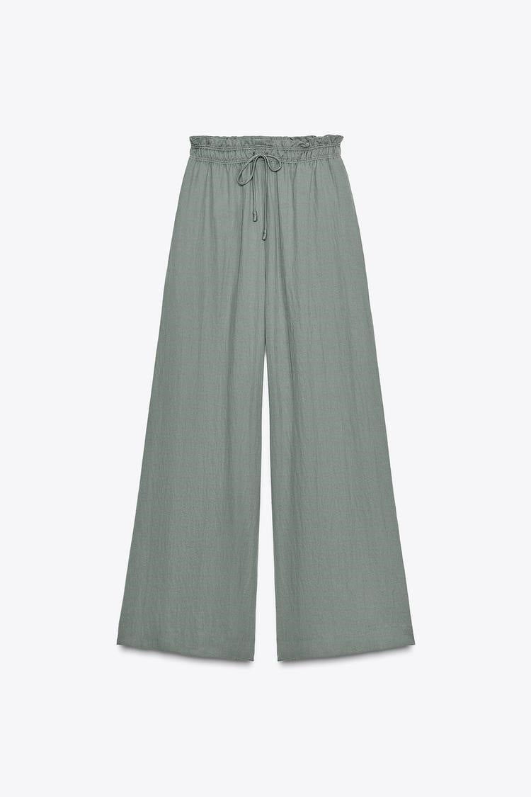 Casual Wide Leg Full Length Pants In Polyester Fabric With Puff Sleeve Detail, Inelastic For Autumn Wear