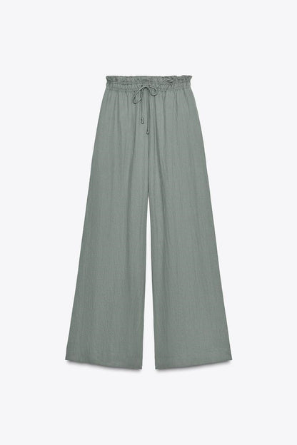 Casual Wide Leg Full Length Pants In Polyester Fabric With Puff Sleeve Detail, Inelastic For Autumn Wear