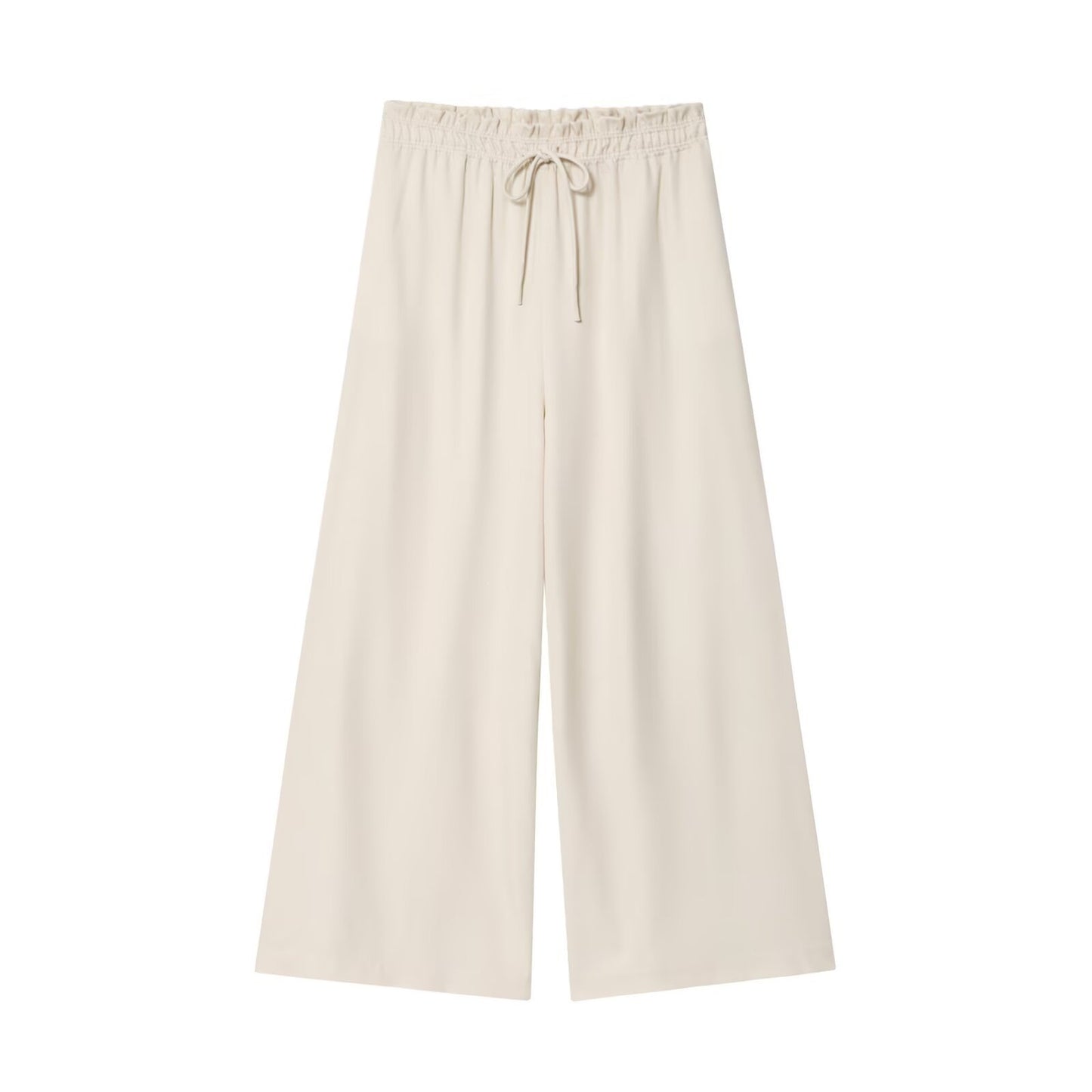 Casual Wide Leg Full Length Pants In Polyester Fabric With Puff Sleeve Detail, Inelastic For Autumn Wear