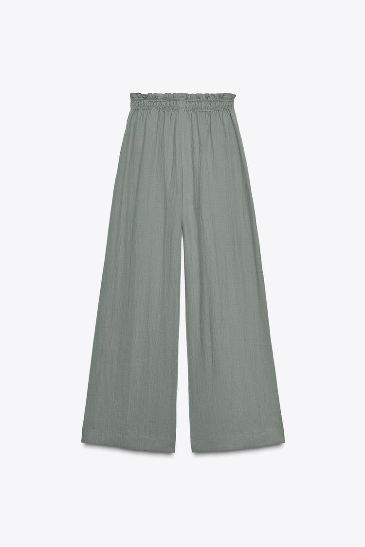 Casual Wide Leg Full Length Pants In Polyester Fabric With Puff Sleeve Detail, Inelastic For Autumn Wear