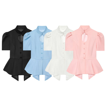 Solid Color Eyelet Top For Women In Polyester Fabric With British Style Featuring Hollow Out And Single Breasted Round Neck Design