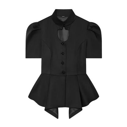 Solid Color Eyelet Top For Women In Polyester Fabric With British Style Featuring Hollow Out And Single Breasted Round Neck Design