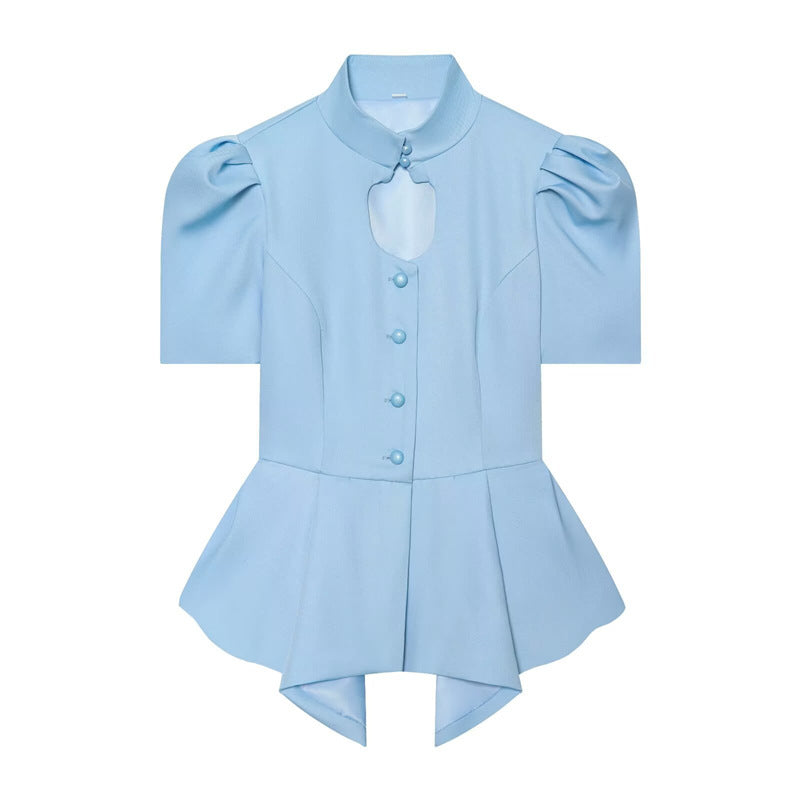 Solid Color Eyelet Top For Women In Polyester Fabric With British Style Featuring Hollow Out And Single Breasted Round Neck Design