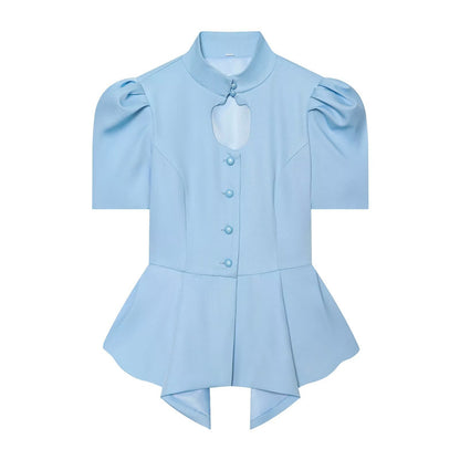 Solid Color Eyelet Top For Women In Polyester Fabric With British Style Featuring Hollow Out And Single Breasted Round Neck Design