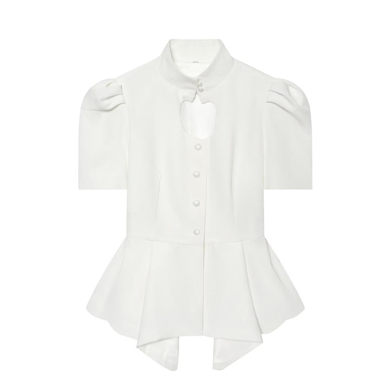 Solid Color Eyelet Top For Women In Polyester Fabric With British Style Featuring Hollow Out And Single Breasted Round Neck Design