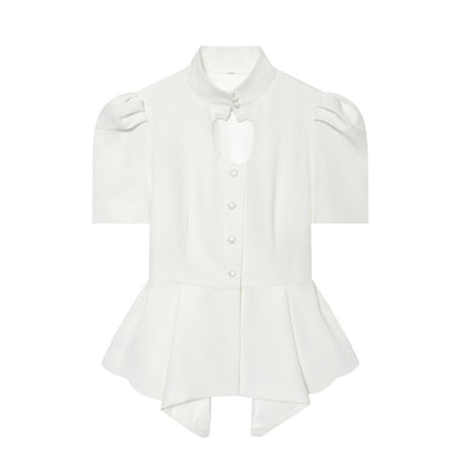 Solid Color Eyelet Top For Women In Polyester Fabric With British Style Featuring Hollow Out And Single Breasted Round Neck Design