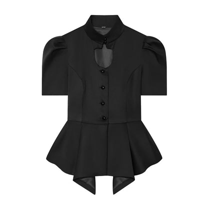 Solid Color Eyelet Top For Women In Polyester Fabric With British Style Featuring Hollow Out And Single Breasted Round Neck Design