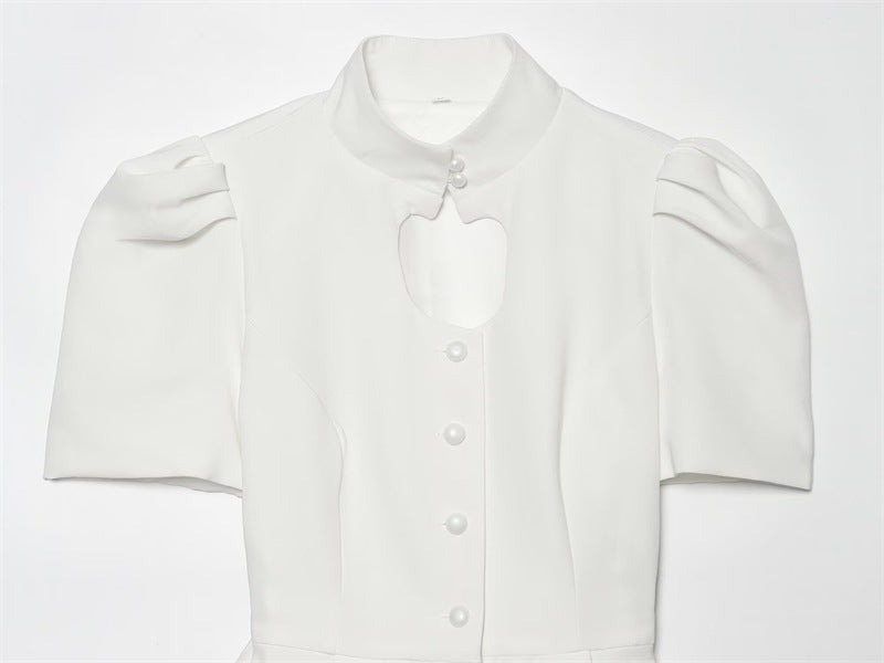 Solid Color Eyelet Top For Women In Polyester Fabric With British Style Featuring Hollow Out And Single Breasted Round Neck Design