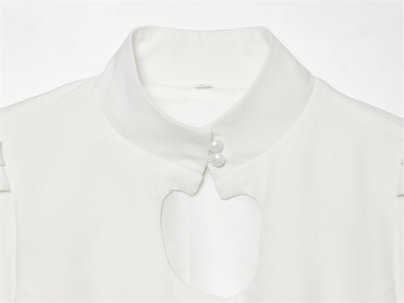Solid Color Eyelet Top For Women In Polyester Fabric With British Style Featuring Hollow Out And Single Breasted Round Neck Design