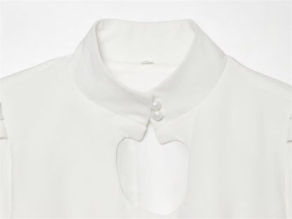 Solid Color Eyelet Top For Women In Polyester Fabric With British Style Featuring Hollow Out And Single Breasted Round Neck Design