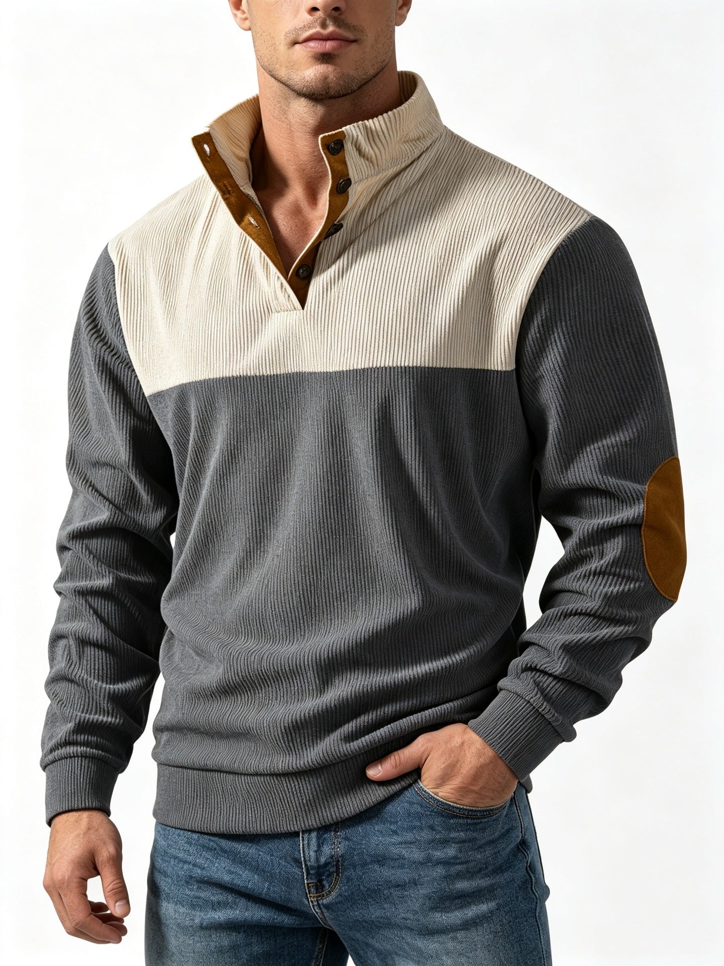 Men's Casual Light Grey Color Block Hoodie With Rib-Knit Craftsmanship And Long Sleeves In Polyester