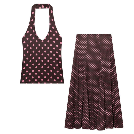 Polka Dots Sleeveless Casual Skirt Co-ord Set In Polyester With Embroidery And Halter Neckline