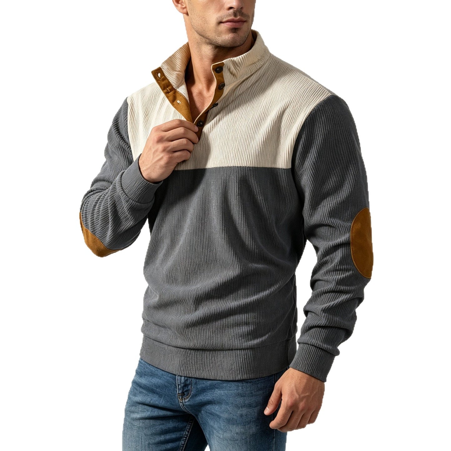 Men's Casual Light Grey Color Block Hoodie With Rib-Knit Craftsmanship And Long Sleeves In Polyester