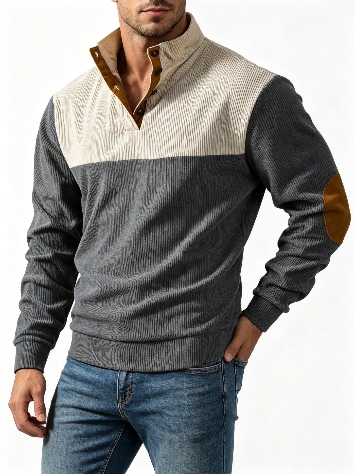 Men's Casual Light Grey Color Block Hoodie With Rib-Knit Craftsmanship And Long Sleeves In Polyester