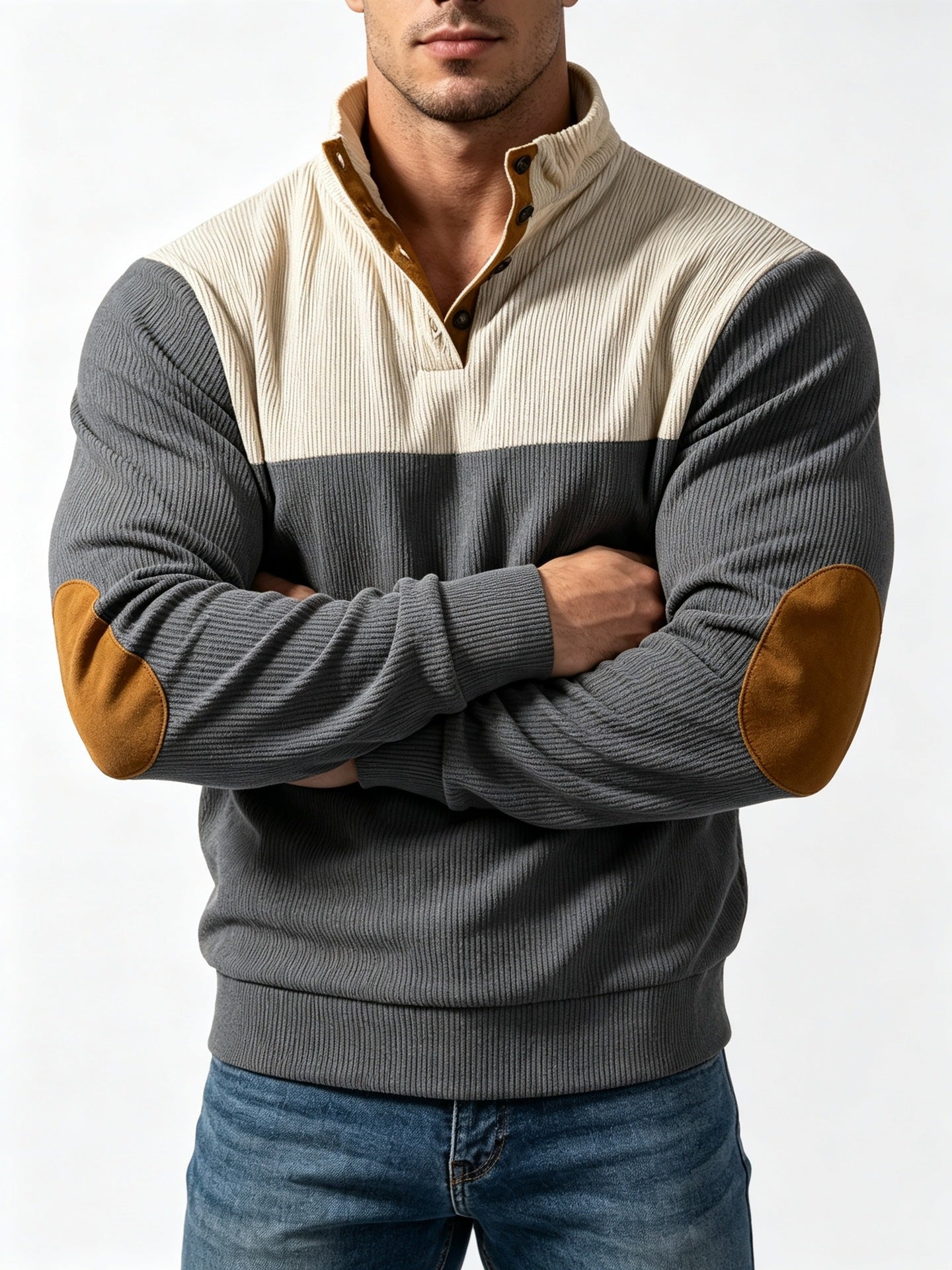 Men's Casual Light Grey Color Block Hoodie With Rib-Knit Craftsmanship And Long Sleeves In Polyester