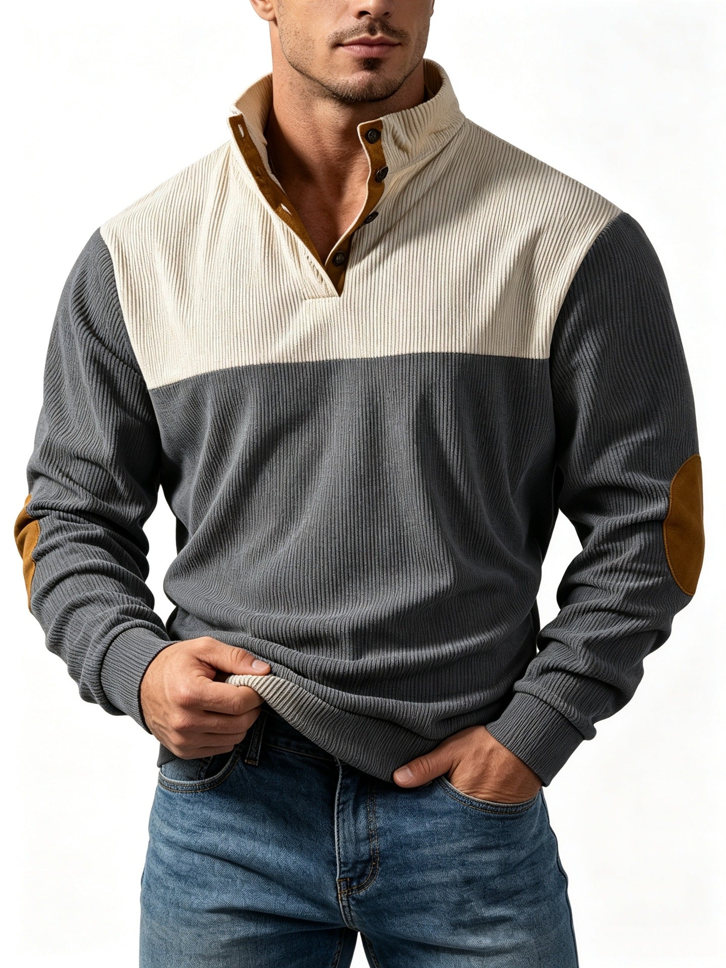 Men's Casual Light Grey Color Block Hoodie With Rib-Knit Craftsmanship And Long Sleeves In Polyester