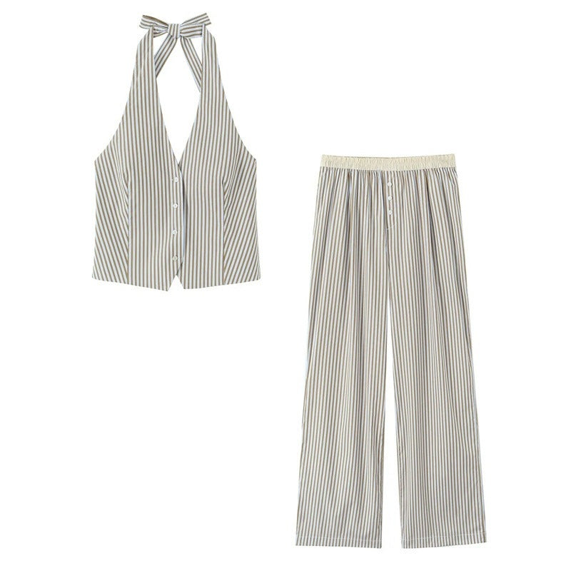 Casual Stripe Cotton Blend Straight Pants Pant Co-ord Set With Tie Closure For Everyday Wear