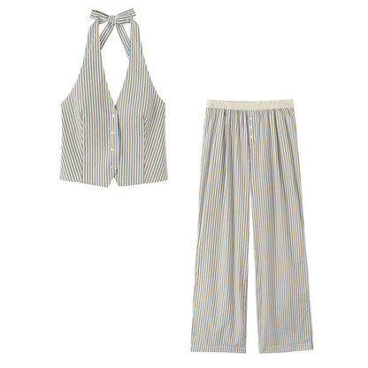 Casual Stripe Cotton Blend Straight Pants Pant Co-ord Set With Tie Closure For Everyday Wear