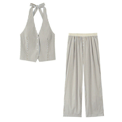 Casual Stripe Cotton Blend Straight Pants Pant Co-ord Set With Tie Closure For Everyday Wear