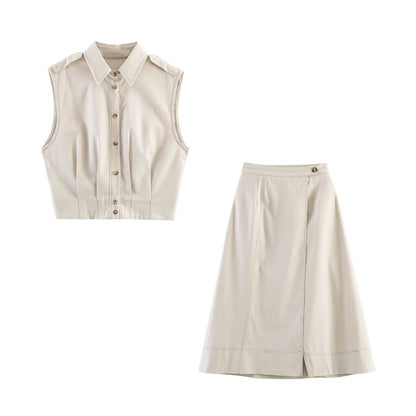 Solid Color Linen Sleeveless Casual Vest Skirt Co-ord Set For Spring