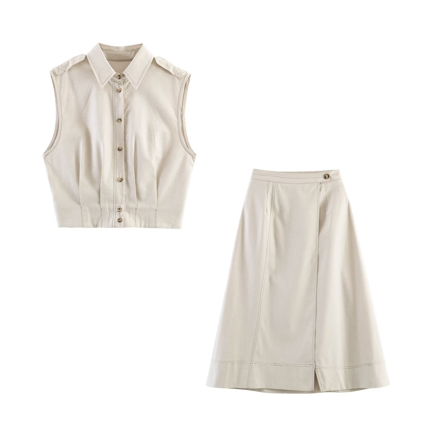 Solid Color Linen Sleeveless Casual Vest Skirt Co-ord Set For Spring