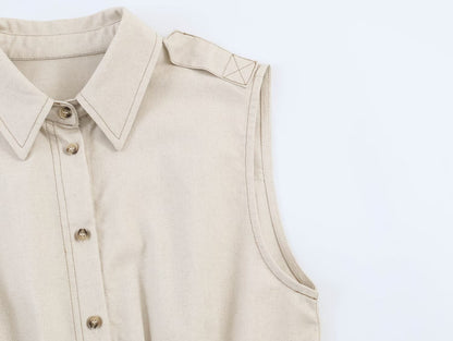 Solid Color Linen Sleeveless Casual Vest Skirt Co-ord Set For Spring