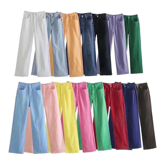 Multicolor Full Length Straight Pants For Women In Denim Cotton With Raw Hem, Micro-Elastic, Perfect For Spring