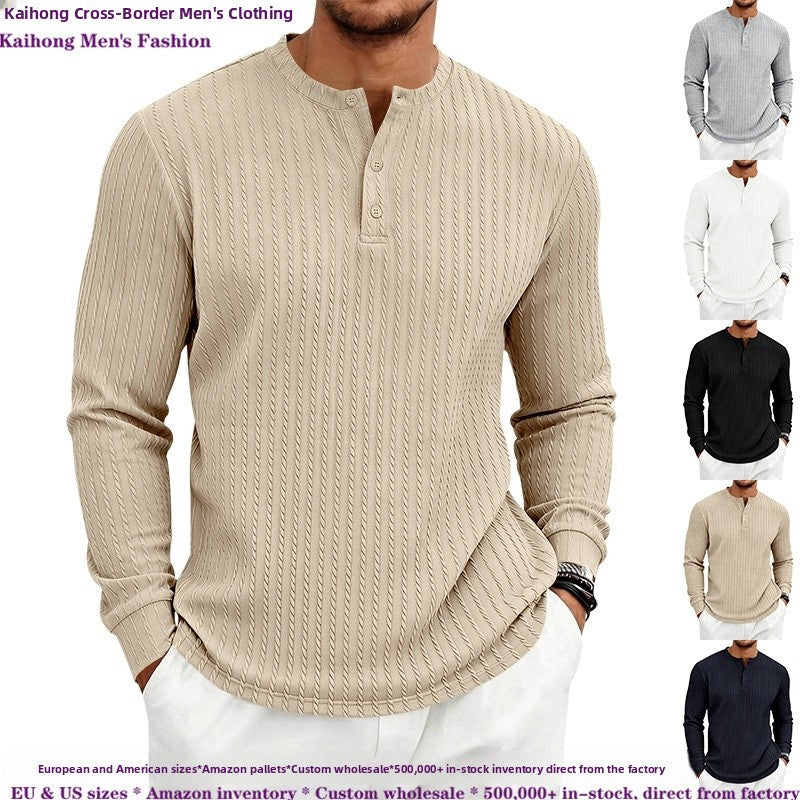 Vintage Style Solid Color Long Sleeve Men's T-Shirt In Polyester Featuring Jacquard Craft And Half Placket