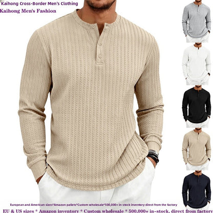 Vintage Style Solid Color Long Sleeve Men's T-Shirt In Polyester Featuring Jacquard Craft And Half Placket