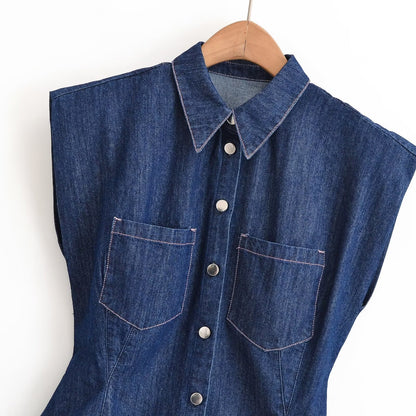 Casual Sleeveless Polyester Top With Embroidery And Lapel Collar, Available With Jeans