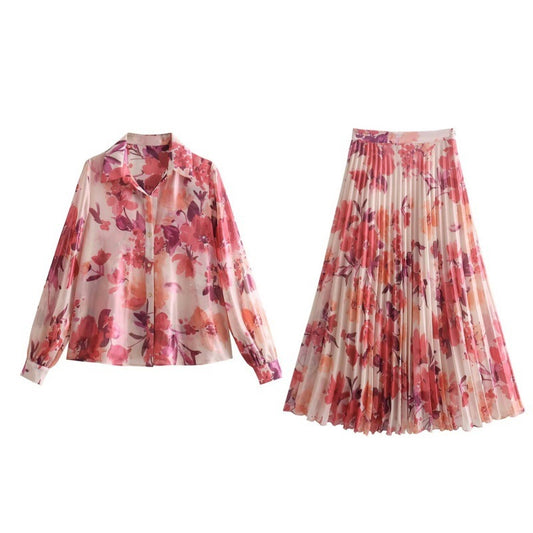 Flowers Long Sleeve Streetwear Skirt Co-ord Set In Polyester Featuring Printing, 2 Pieces Set